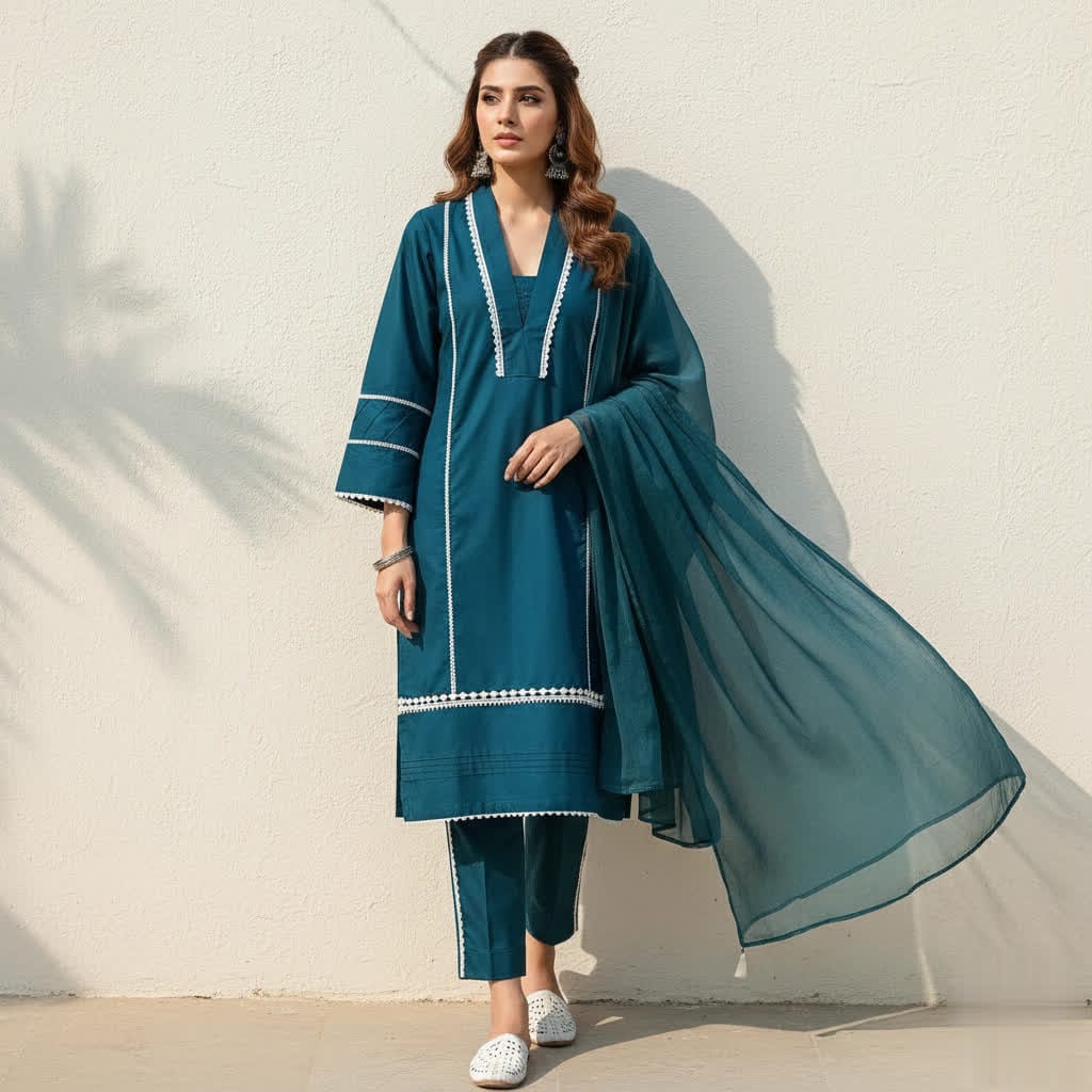Classic Solid Cotton Ethnic 3-Piece Suit With Lace Embellishment