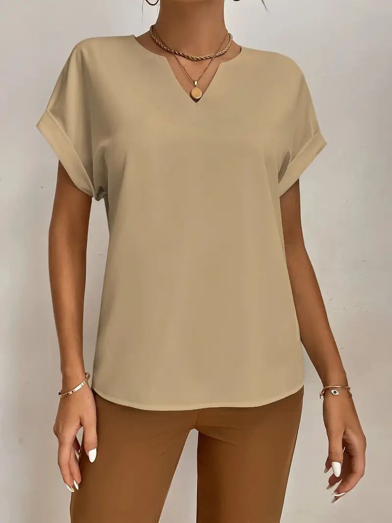 Casual V-Neck Short Sleeve Blouse, Lightweight Pullover Top, Stylish Shirt For Office And Casual Wear