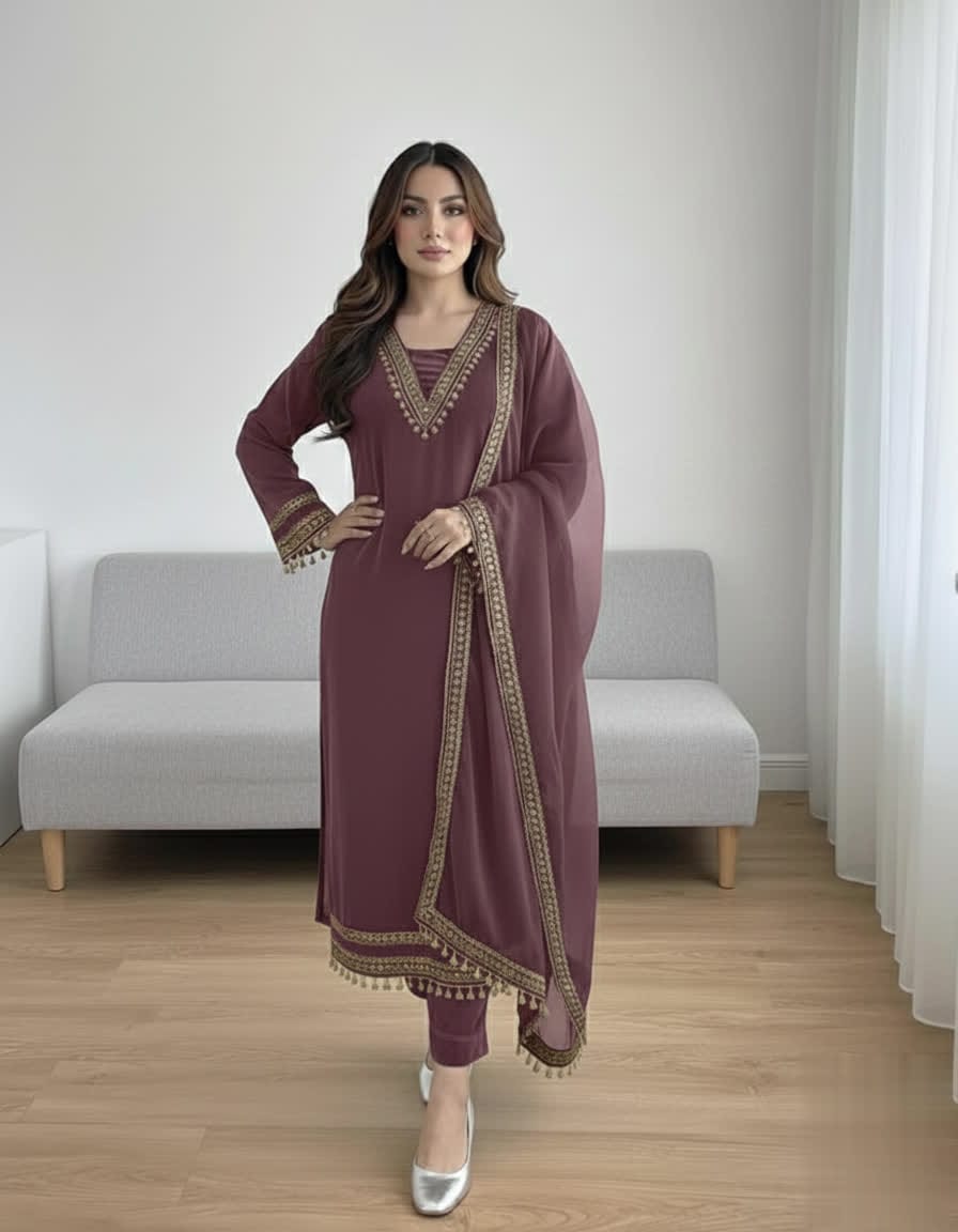 Elegant Women’s 3 Piece Velvet Dress With Lace Work & Chiffon Dupatta Lace Embellishment Sophisticated Ethnic Wear- Festive Edition