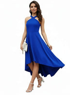 Elegant Royal Blue V-Neck Party Dress – Women’s Asymmetrical Hem Cocktail Dress, Fitted  Premium Quality Cocktail Gown For Special Occasions