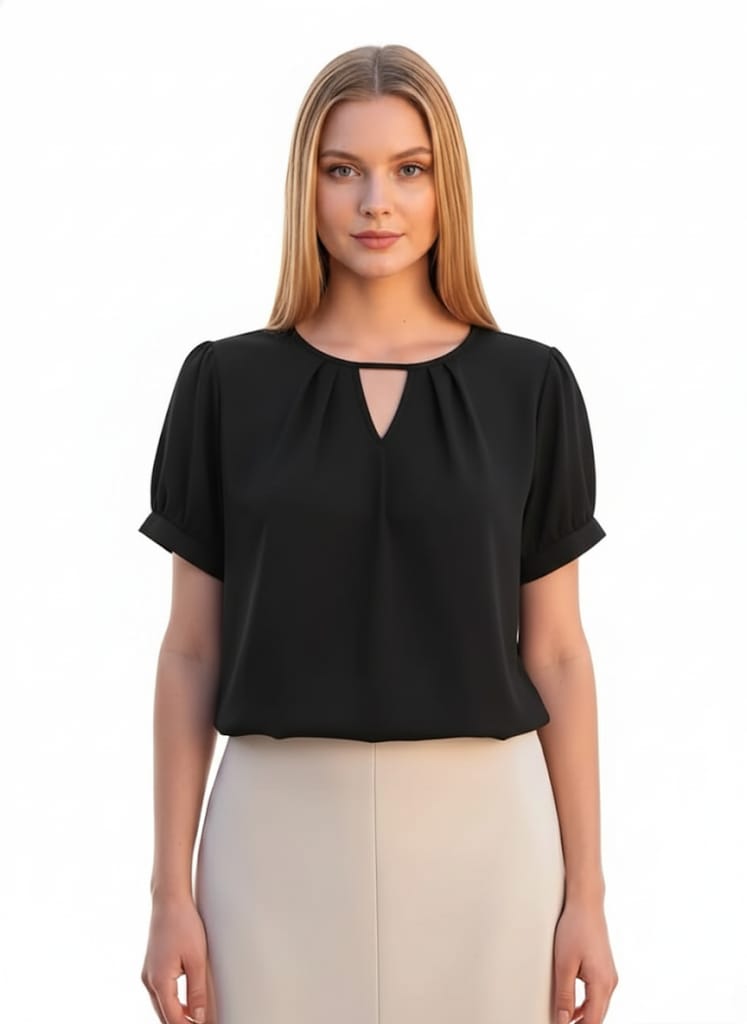 Women’s V-Neck Blouse, Loose Fit Short Sleeve Top With Glossy Fabric, Vintage Style