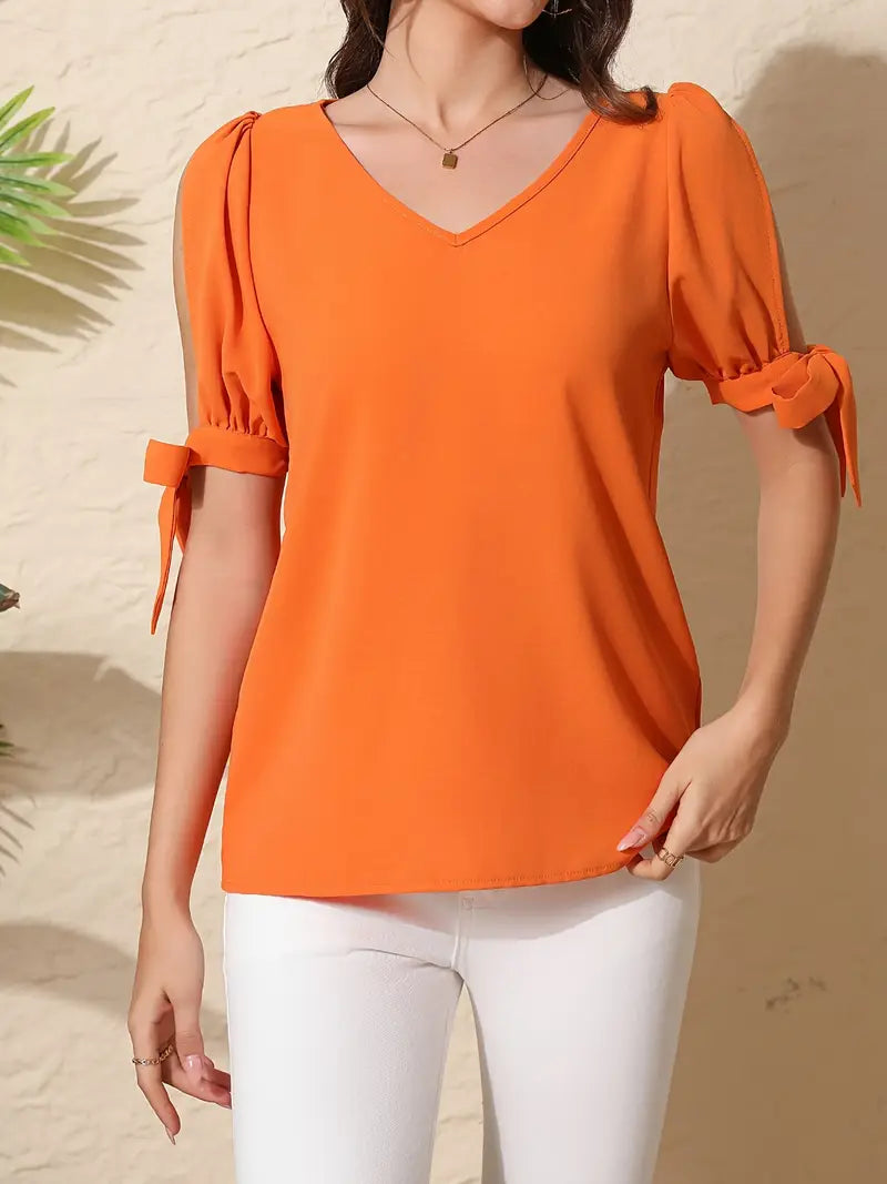 V-Neck Blouse, Bow Detail Top With Ruffle Sleeves And Split Hem, Feminine Lightweight Casual Wear