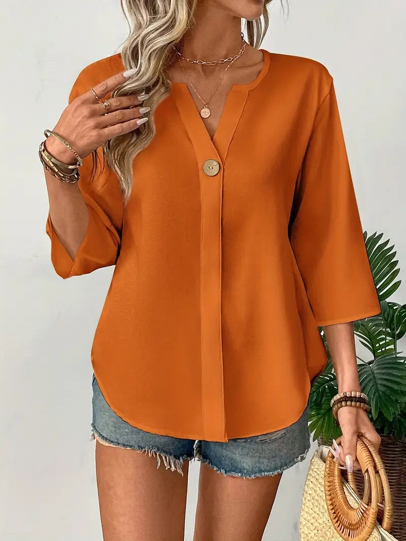 NISWA STYLE Elegant V-Neck Long Sleeve Blouse, Loose Fit Solid Color Button-Up Shirt With Faux Buttons, Lightweight Top For Casuall And Formal Wear