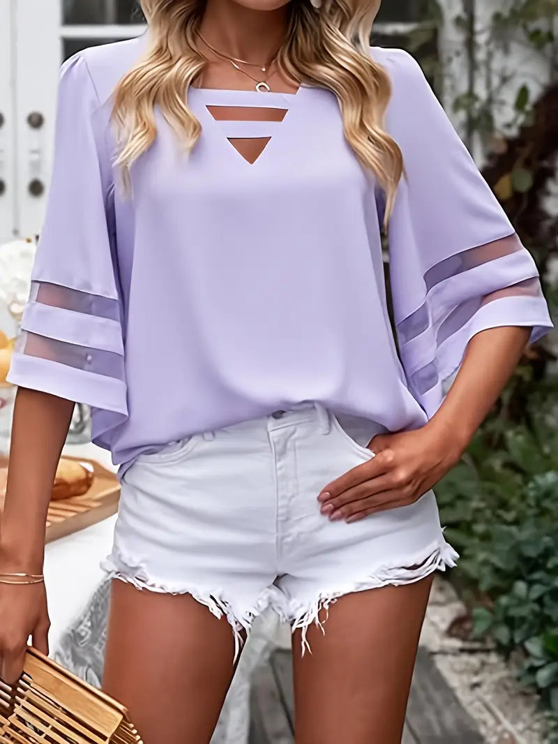 Elegant V-Neck T-Shirt – 3/4 Sleeve  Blouse With Breathable Mesh Panel Top For Casual & Everyday Wear