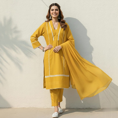 Classic Solid Cotton Ethnic 3-Piece Suit With Lace Embellishment