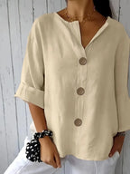 Classy Loose-Fit Blouse, Round Neck Short Sleeve Top With Decorative Button Details, Relaxed Fit, Everyday & Leisure Outfits