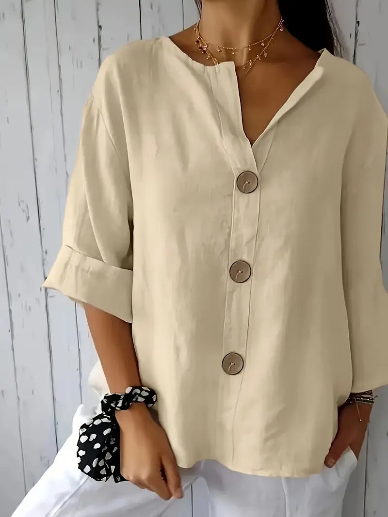 Classy Loose-Fit Blouse, Round Neck Short Sleeve Top With Decorative Button Details, Relaxed Fit, Everyday & Leisure Outfits