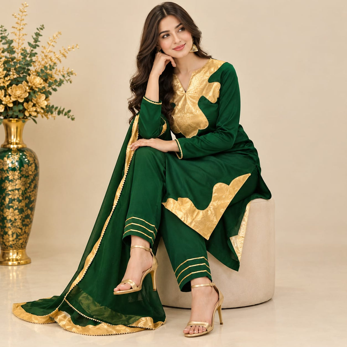 Emerald Green Suit With Gold Appliqué & Border