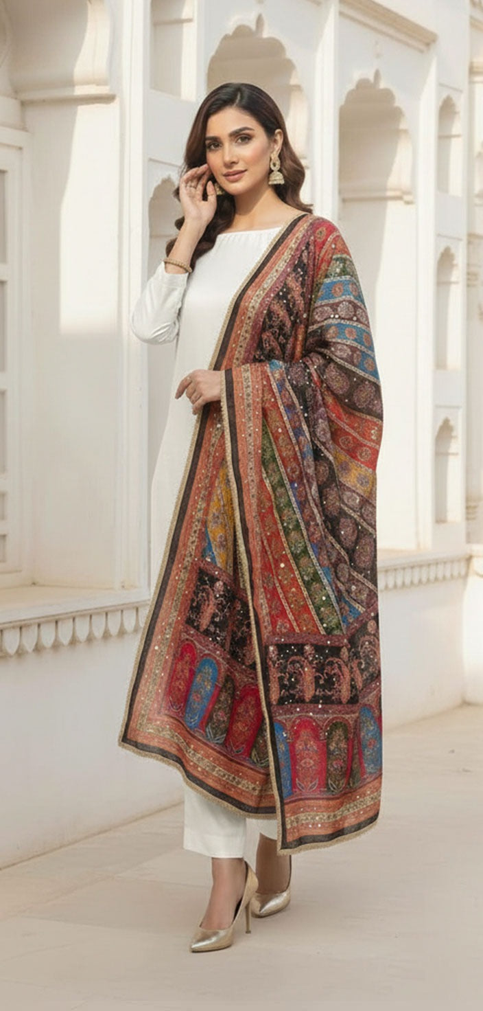 Colourful Ethnic Suit Set With Spectacular Embellished Mirrored Dupatta