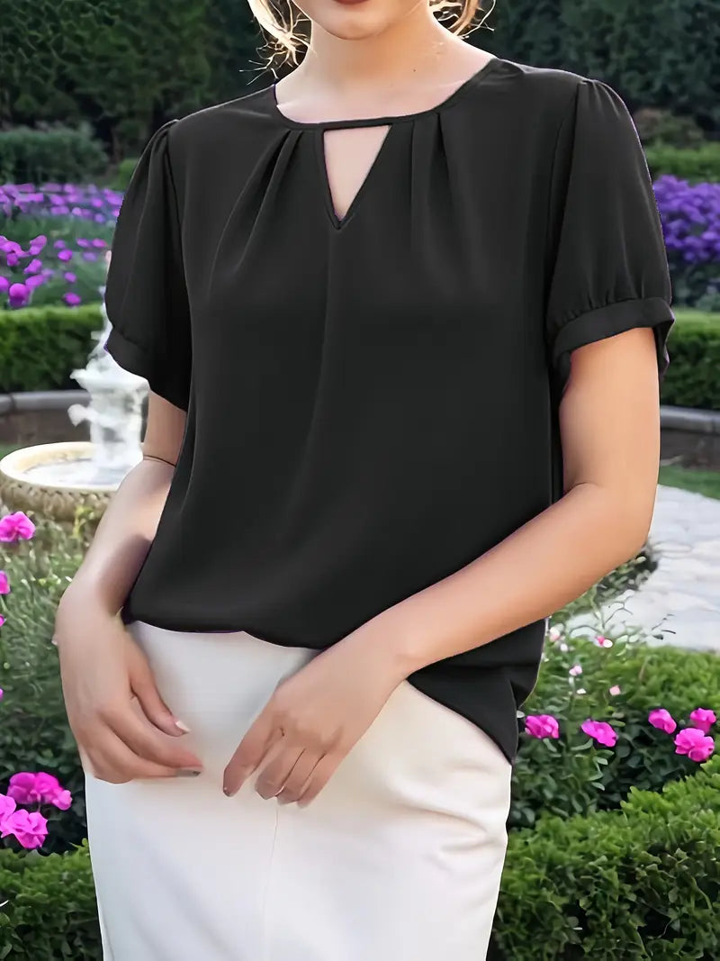 NISWA STYLE Women’s V-Neck Blouse, Loose Fit Short Sleeve Top With Glossy Fabric, Vintage Style