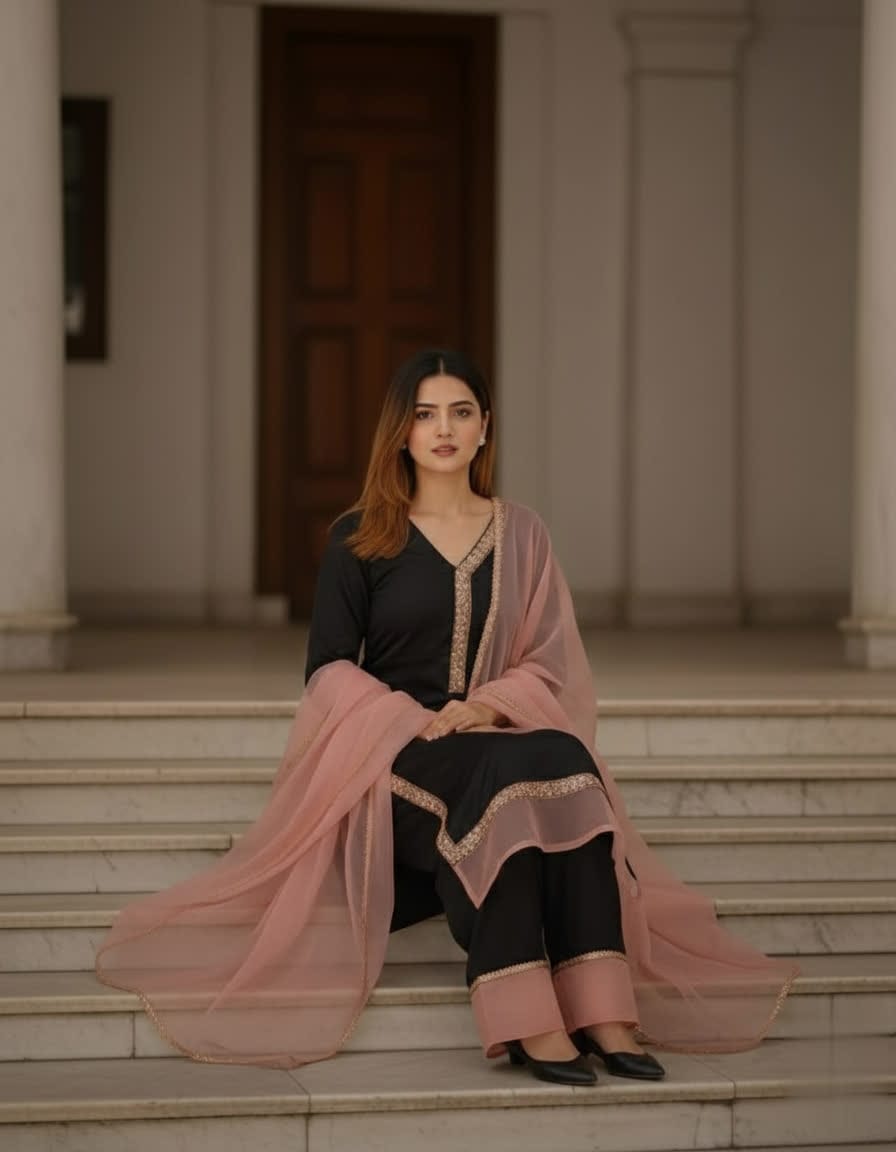 Elegant Black And Pink Kamiz Set For Women – Karchupi Lace Long Shirt, Bunon Pants & Soft Maslin Dupatta.