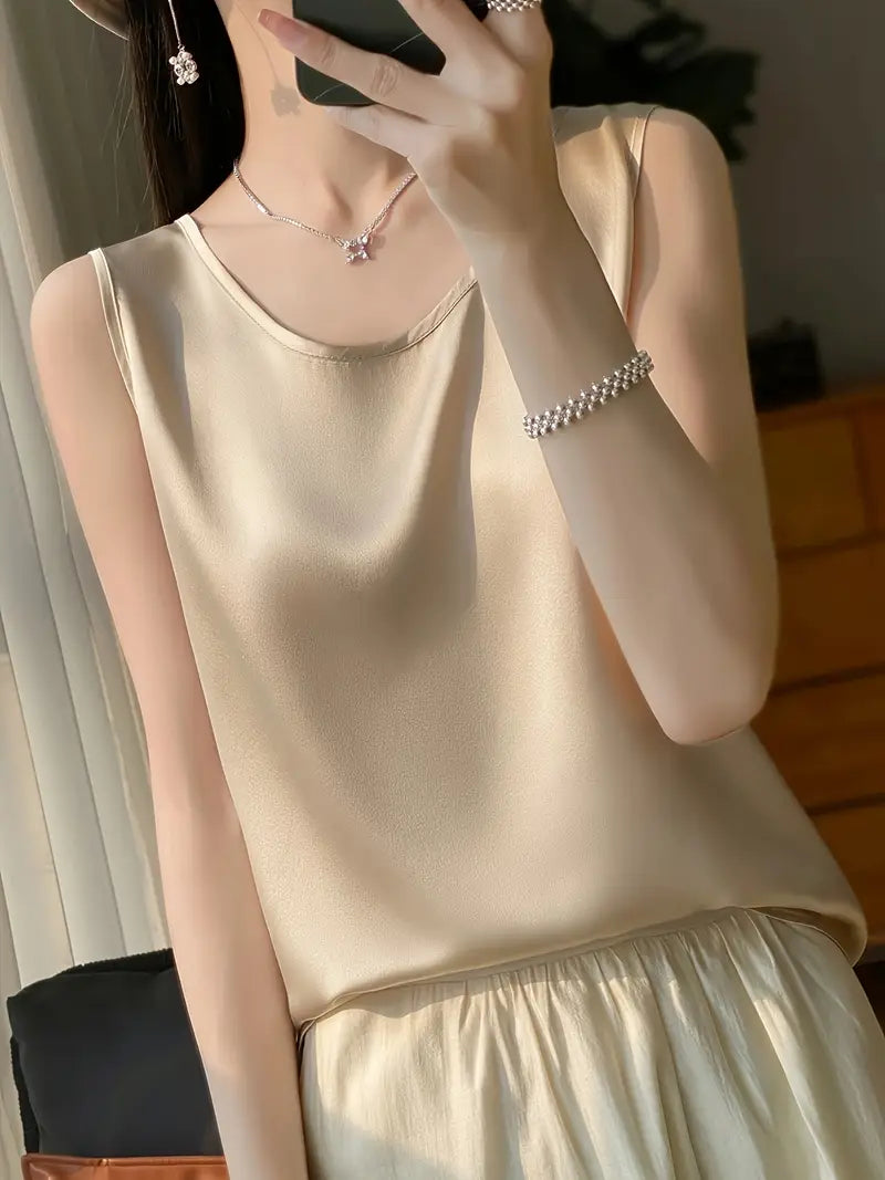 Elegant Low-Neck Sleeveless Tank Top – Semi-Sheer Stretchy Shirt, Layering Piece, Lightweight Top For Casual Wear