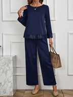 Elegant Two-Piece Set – Long Sleeve Lace Stitching Top & Matching Pants |Stylish, Comfortable and Classy Fashion Set