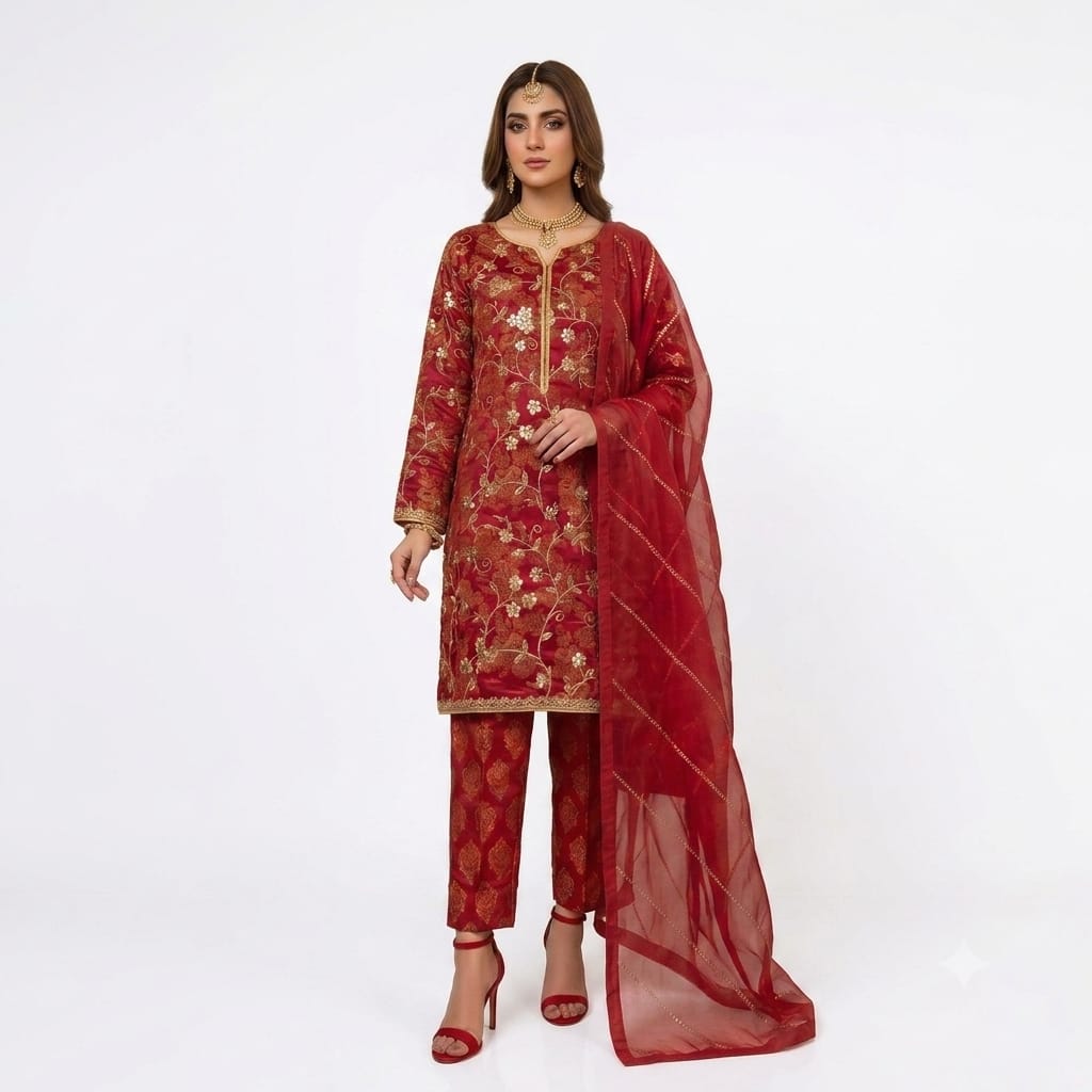 Red Luxury Festive Suit With Zari & Tilla Work