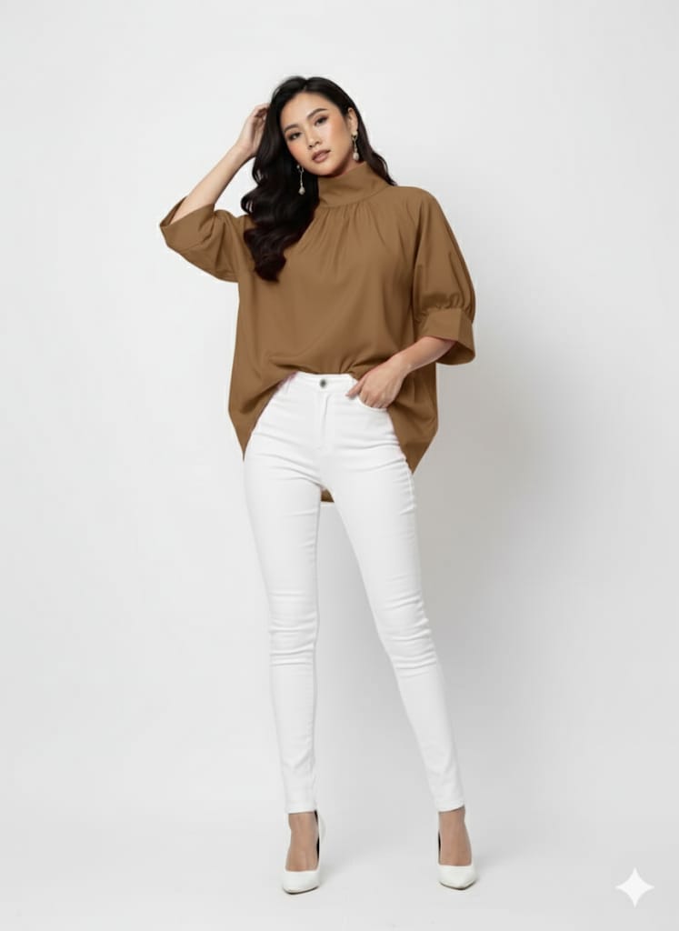 NISWA STYLE Casual Turtleneck Tunic Top – Half Sleeve  Non-Stretch Woven Fabric, High Neck Loose Fit Shirt For Women
