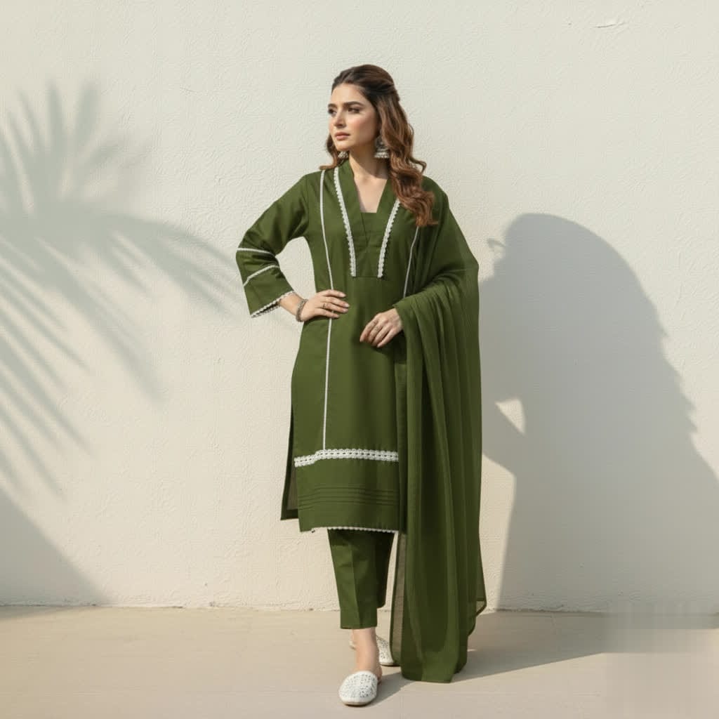 Classic Solid Cotton Ethnic 3-Piece Suit With Lace Embellishment