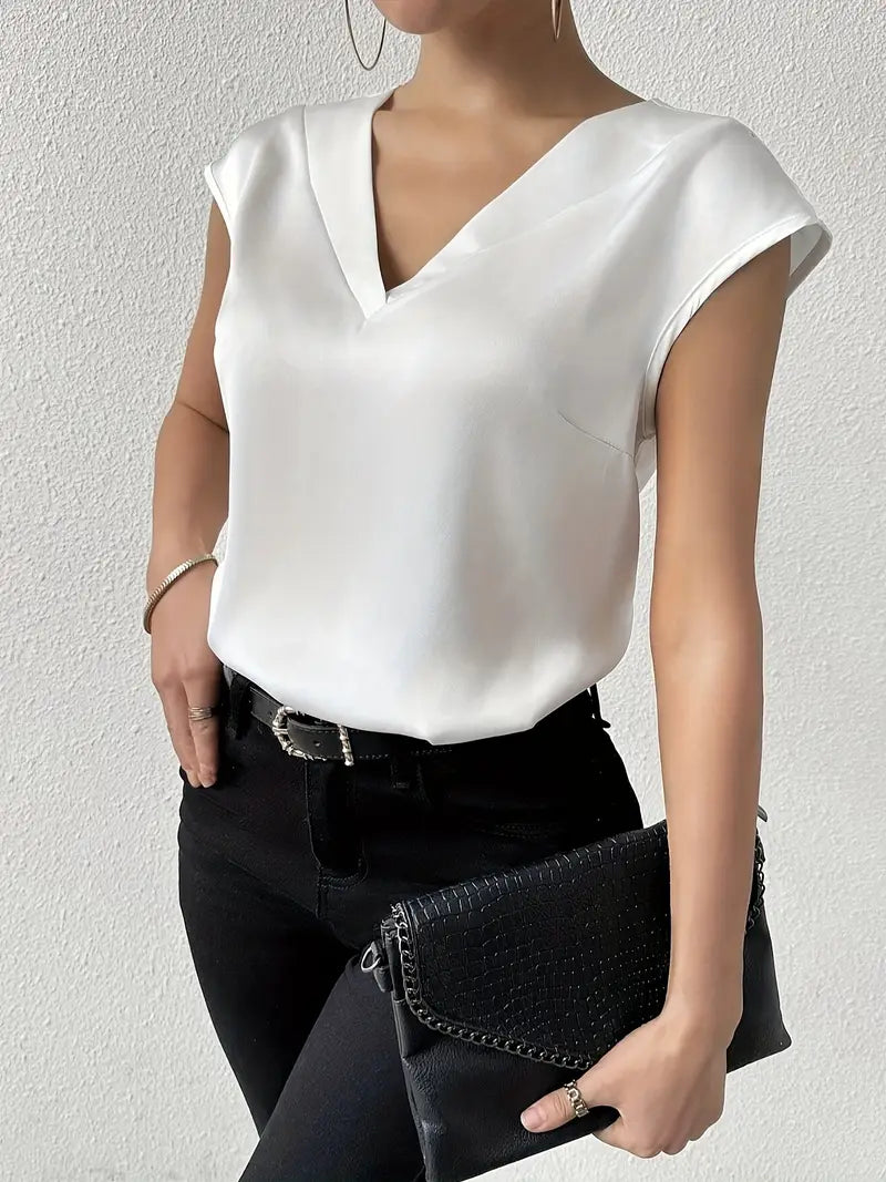 Elegant V-Neck Drop Shoulder Short Sleeve Blouse, Lightweight Breathable Fabric, Casual And Formal Top