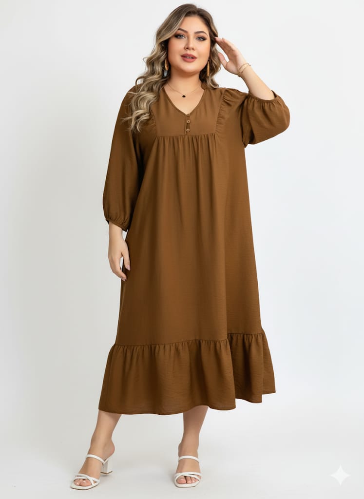Elegant V-Neck Midi Dress – Lantern Sleeve Flowy Brown Dress | Loose Fit Button Detail Casual Outfit |  Lightweight and Stylish Midi Dress