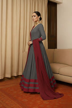 Peach & Red Anarkali Set For Women – Full Flare Long Gown With Contrast Border & Matching Dupatta - Elegant Traditional Outfit With Different Shades.