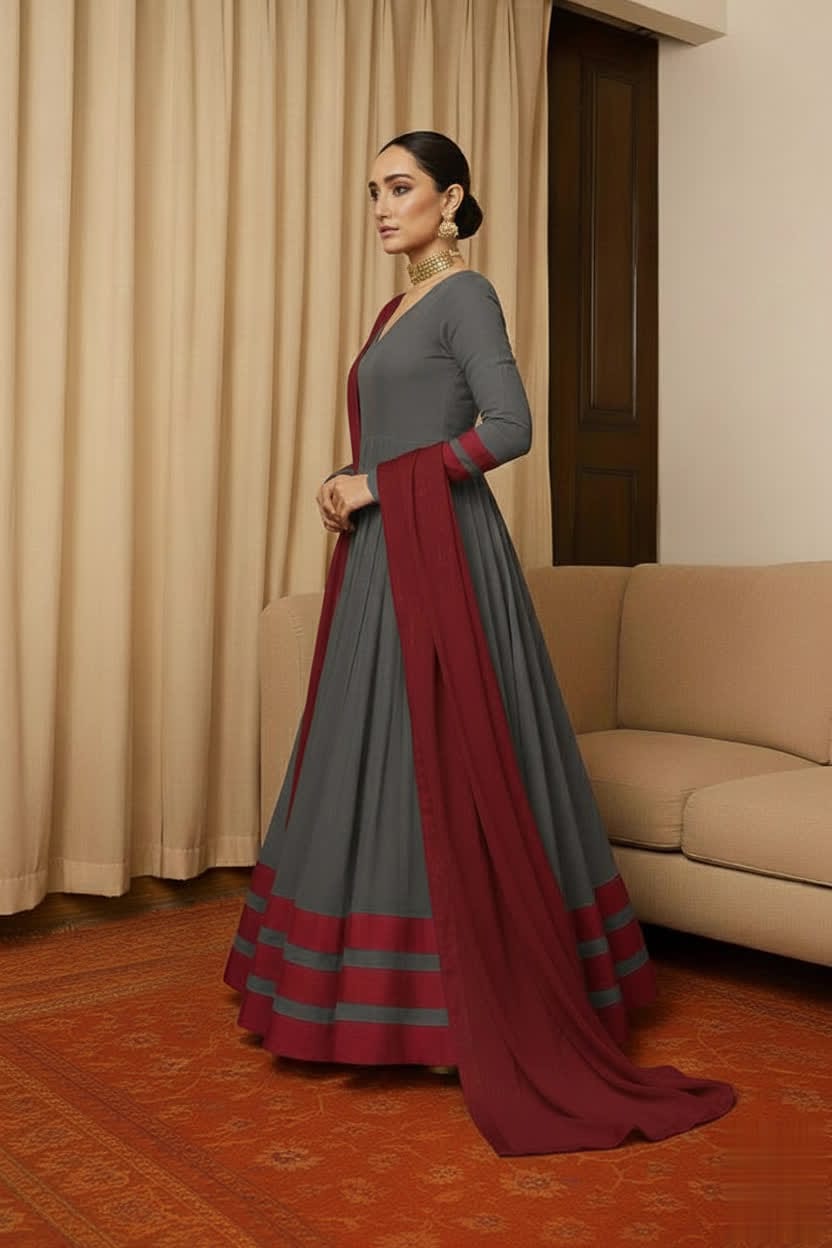 Peach & Red Anarkali Set For Women – Full Flare Long Gown With Contrast Border & Matching Dupatta - Elegant Traditional Outfit With Different Shades.