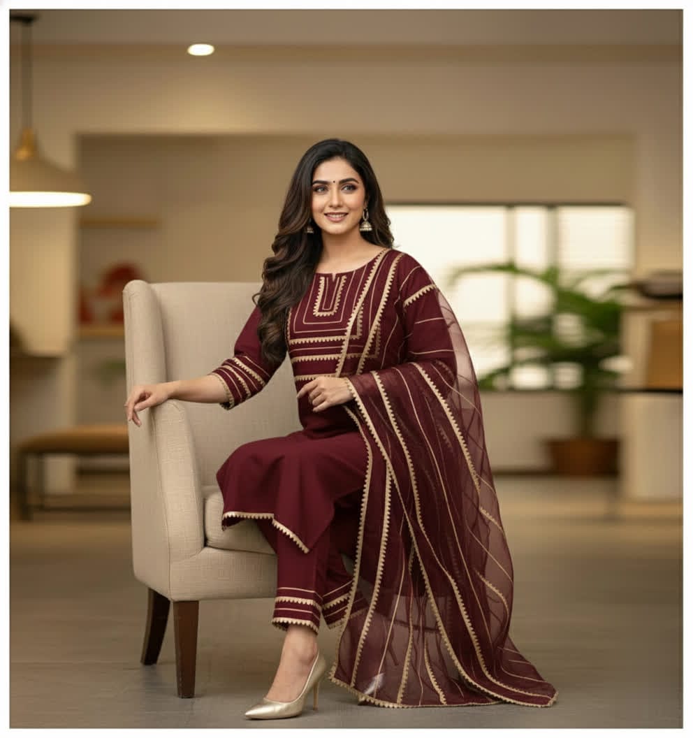 Asymmetrical Gota Patti Kurta Set – Light Gold Embroidered Bodice, Flounce Sleeves, Gold Trim Salwar Kameez With Sheer Gota Dupatta.