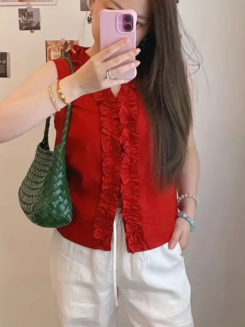 Elegant Red Lace Blouse, Sleeveless Top, Chic Age-Defying Lightweight Lace Design Shirt For Modern Fashion