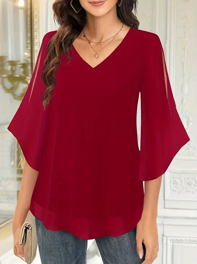 Elegant V-Neck Shirting Blouse, 3/4 Sleeve Top With Double Layer Mesh, Hollow Details, Casual & Formal Blouse