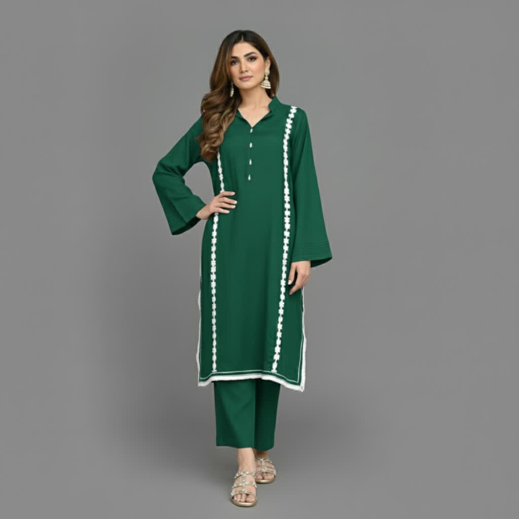 Modern Lace Kurta Co-ord Set, Stylish Long Kurta With Florals & Straight Pants With Stand Collar & Decorative Buttons.