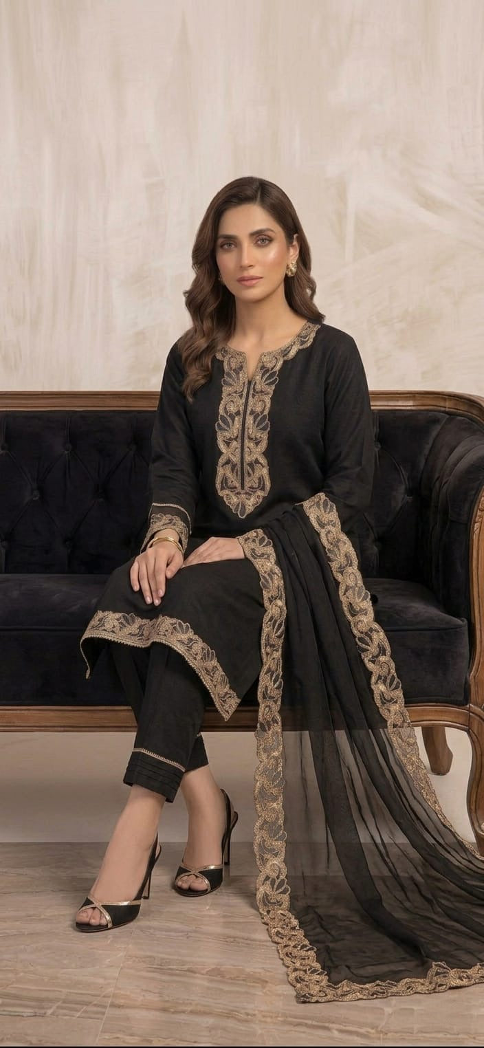 Black Embroidered Lace Three Piece Suit
