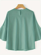 Elegant Ruffle Sleeve Lace Blouse, Crew Neck Top With Pearl Accents, Non-Stretch Stylish All-Season Fashion Shirt