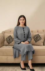 Elegant Cotton 2-Piece Suit – Crew-Neck Chori Piping Shirt With Cutwork Sleeves & Reet Design Trouser | Latest Stylish Women’s Outfit.
