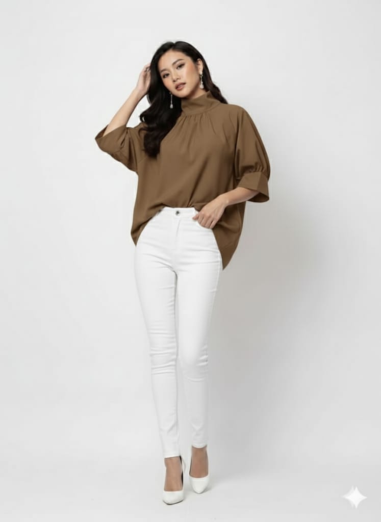 NISWA STYLE Casual Turtleneck Tunic Top – Half Sleeve  Non-Stretch Woven Fabric, High Neck Loose Fit Shirt For Women