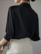 Elegant Long Sleeve Blouse, Classic Solid Color Button-Up Shirt With Lapel Collar, Office And Casual Wear