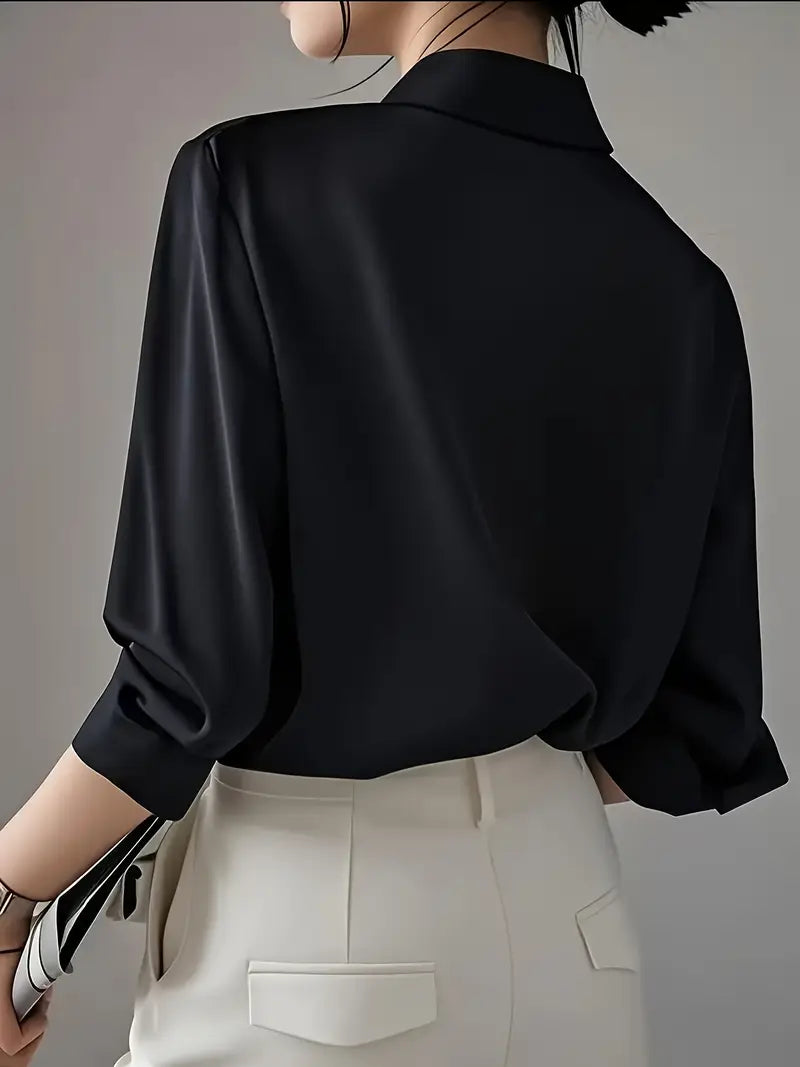 Elegant Long Sleeve Blouse, Classic Solid Color Button-Up Shirt With Lapel Collar, Office And Casual Wear