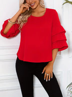 Women’s Fashion Three-Layer Sleeve Top – Elegant Round Neck Blouse, Lightweight, Flowy & Stylish Casual To Semi-Formal Wear Season