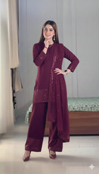 Royal Maroon Silk Party Wear Suit With Sequin Detailing.