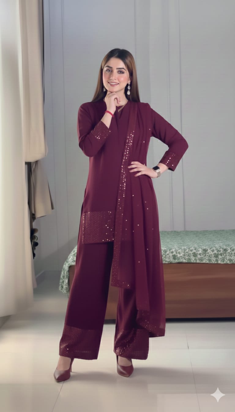 Royal Maroon Silk Party Wear Suit With Sequin Detailing.