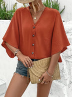V-Neck Batwing Sleeve Blouse, Button-Up Shirt With Front Pockets, Casual Short Sleeve  Blouse For Women