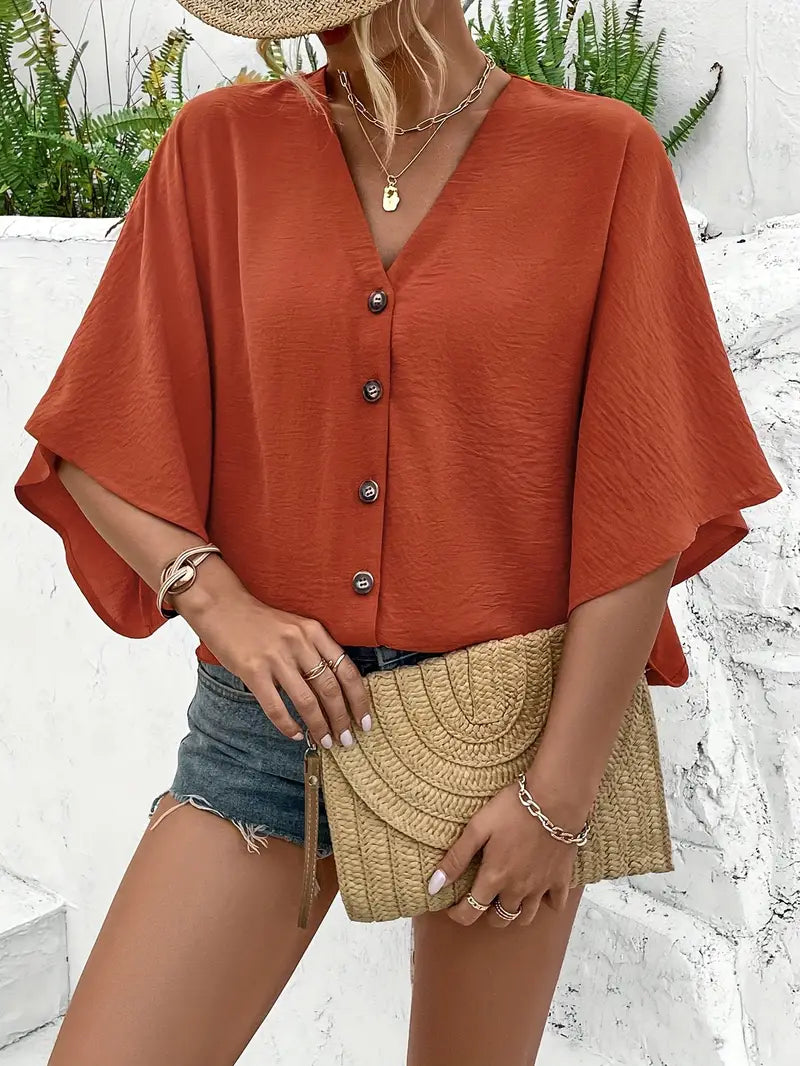 V-Neck Batwing Sleeve Blouse, Button-Up Shirt With Front Pockets, Casual Short Sleeve  Blouse For Women