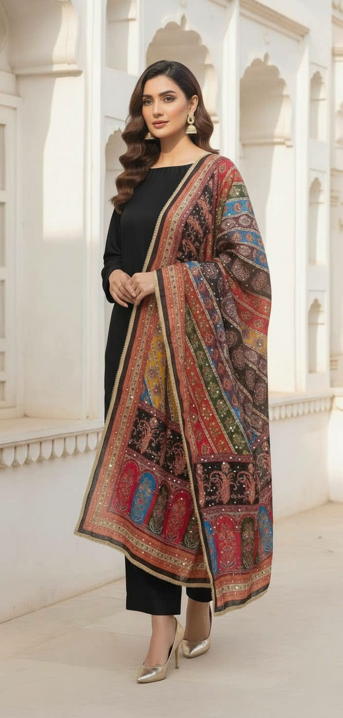 Colourful Ethnic Suit Set With Spectacular Embellished Mirrored Dupatta