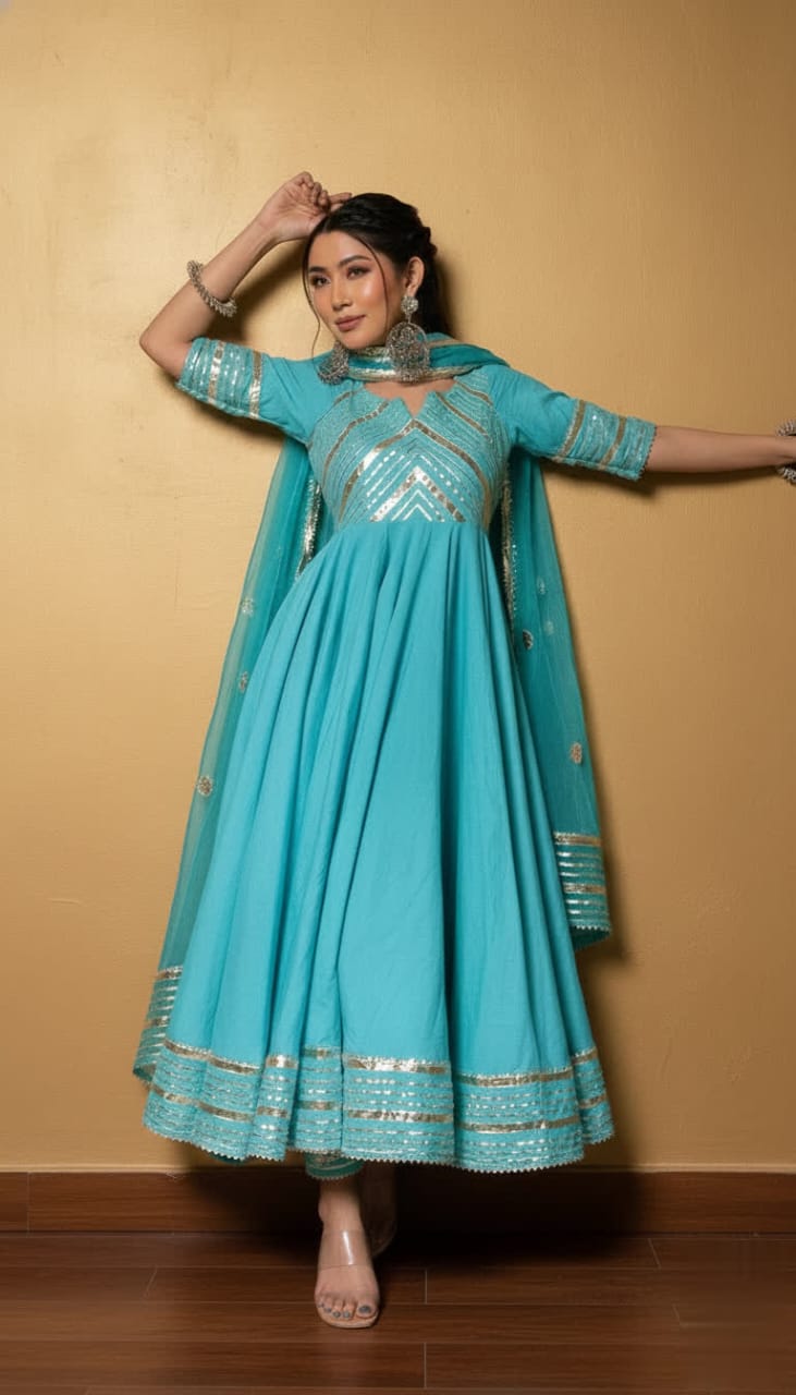 Premium Black Gota Patti Anarkali Pant Set For Women – Silk Long Anarkali With Different Shade Chiffon Dupatta & Embellished Pants.