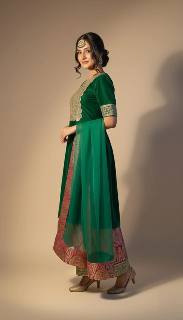 Traditional Meets Modern Silk Suit – Dark Green Embroidered Shirt With Brocade Pants & Organza Dupatta