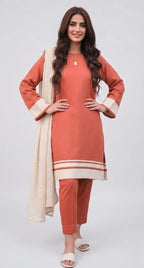 Orange Straight Cut Kurta Trouser Set – Color Block With Beige Stripe Hem