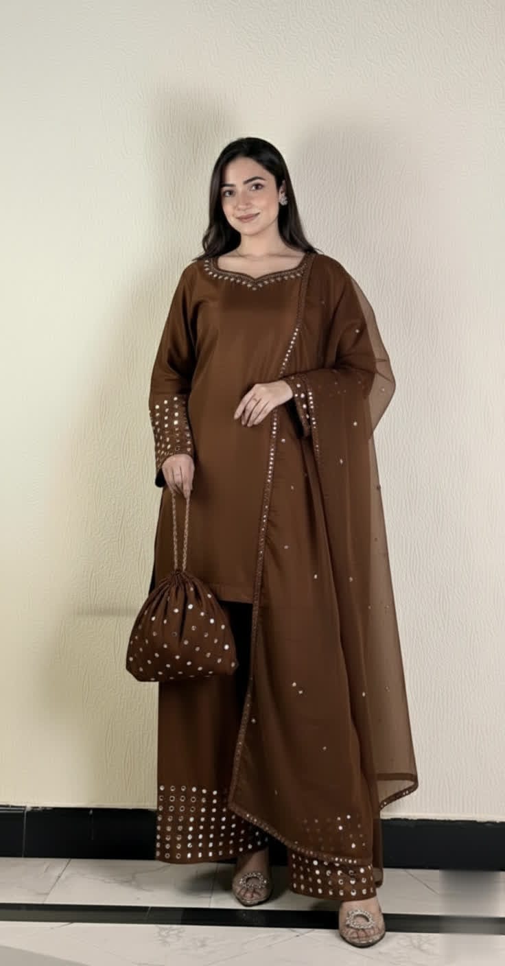 Designer Silk Short Shirt & Shalwar Set With Crystal Detailing.