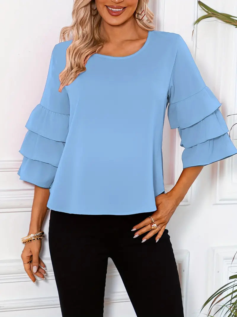 Women’s Fashion Three-Layer Sleeve Top – Elegant Round Neck Blouse, Lightweight, Flowy & Stylish Casual To Semi-Formal Wear Season