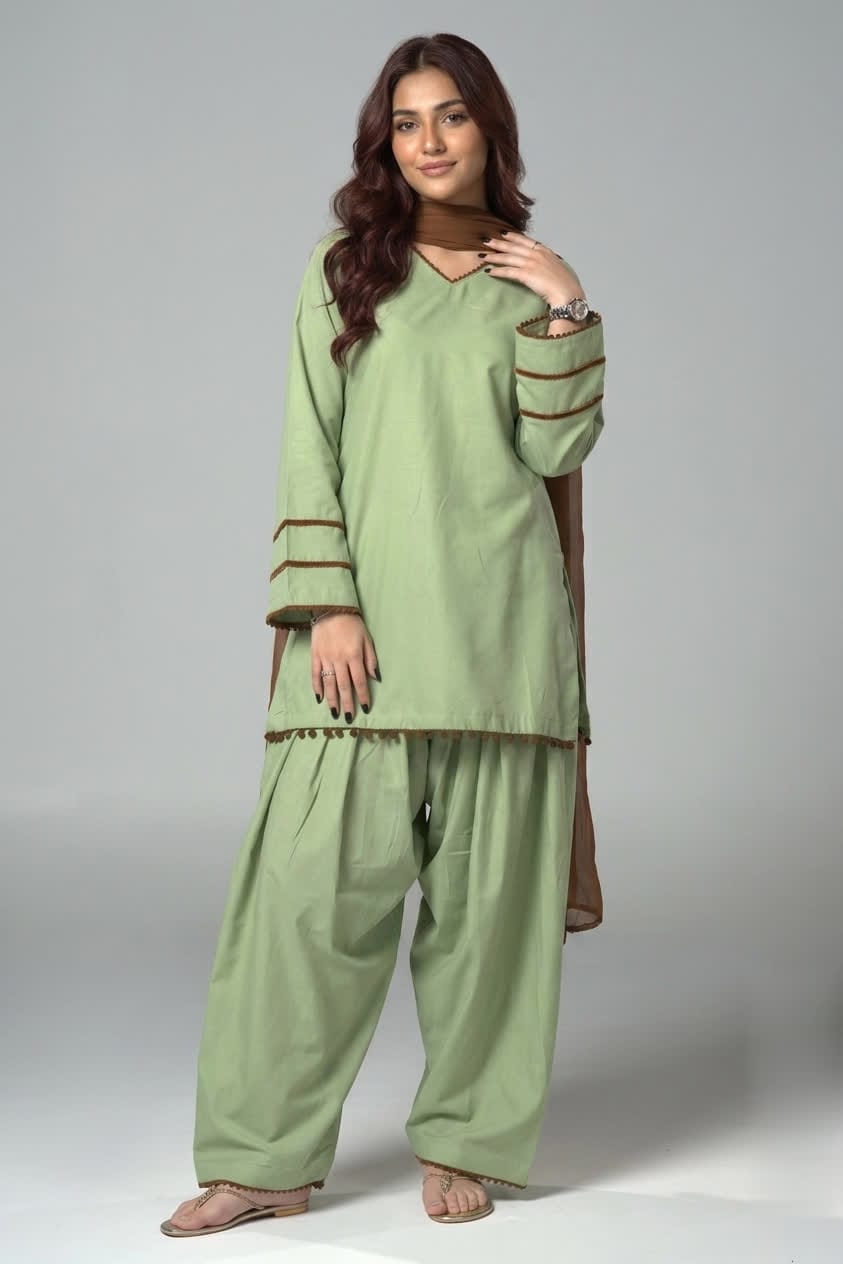 Mint Green Cotton Shalwar Kameez With Playful Lace Detailing