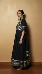 Premium Black Gota Patti Anarkali Pant Set For Women – Silk Long Anarkali With Different Shade Chiffon Dupatta & Embellished Pants.