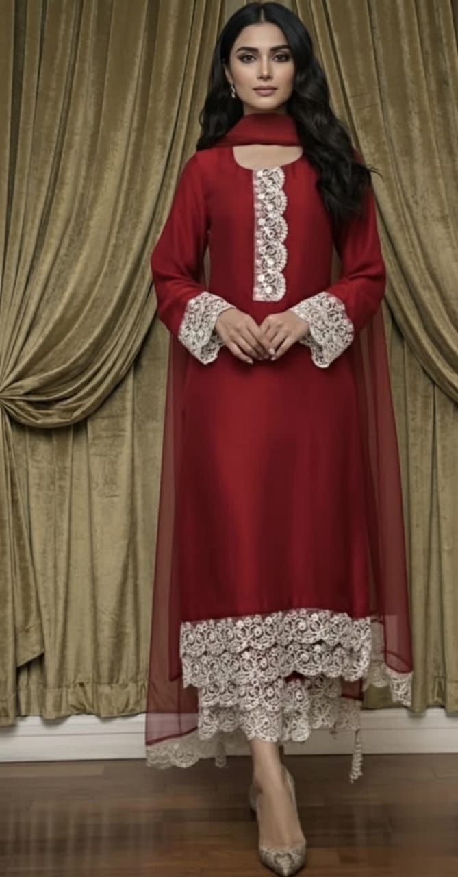 Premium Red Raw Silk Formal Wear Set - Handcrafted Pearl Lace Shirt - Elegant Drapes Organza Dupatta