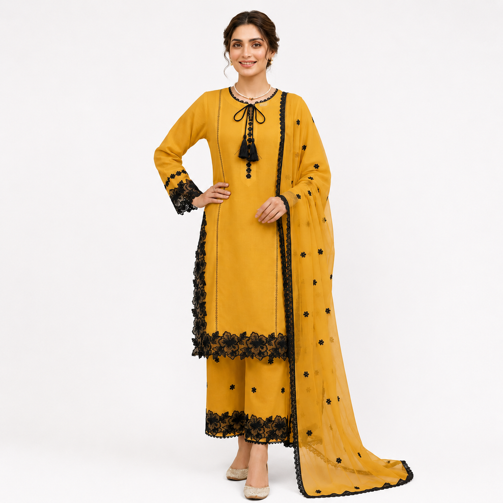 Timeless Monochrome White Straight Kurta With Black Floral Cutwork