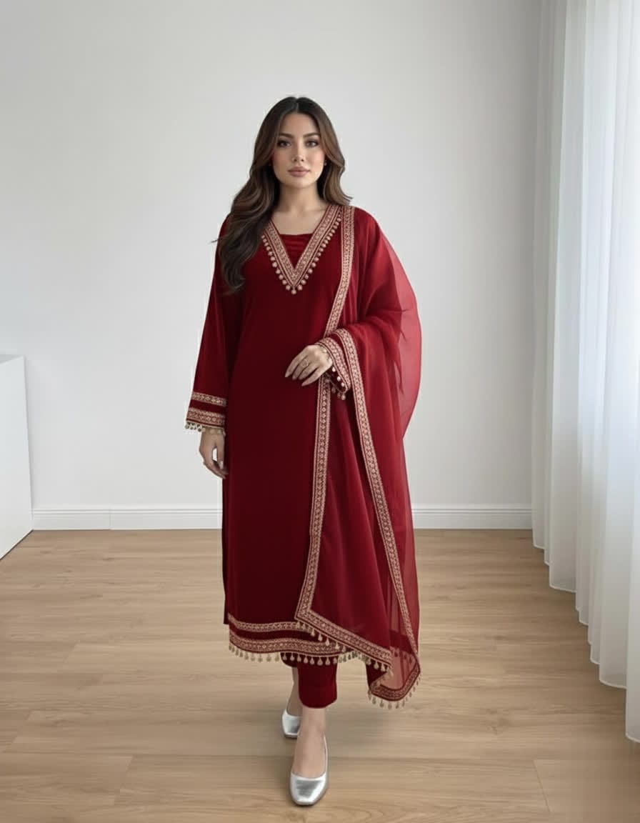 Elegant Women’s 3 Piece Velvet Dress With Lace Work & Chiffon Dupatta Lace Embellishment Sophisticated Ethnic Wear- Festive Edition